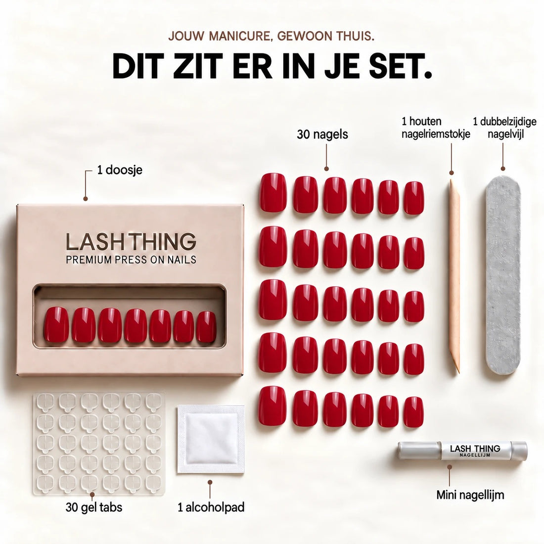 Inhoud van een Lashthing press-on nagelset: doosje, nagels in 15 maten, gel tabs, nagellijm, alcoholpad, vijl en houten stokje
