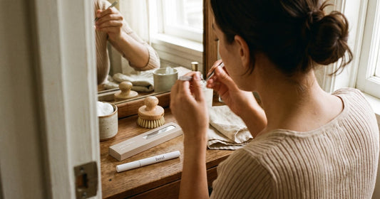 Vrouw plakt nep wimpers voor elke gelegenheid aan een houten kaptafel, met de Lashthing cluster lashdoos en bond-pen