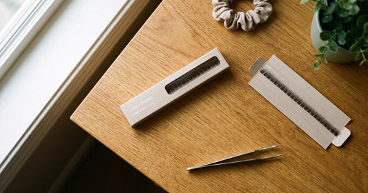 Wimperextensions soorten: cluster lashes van Lashthing met pincet op een houten tafel