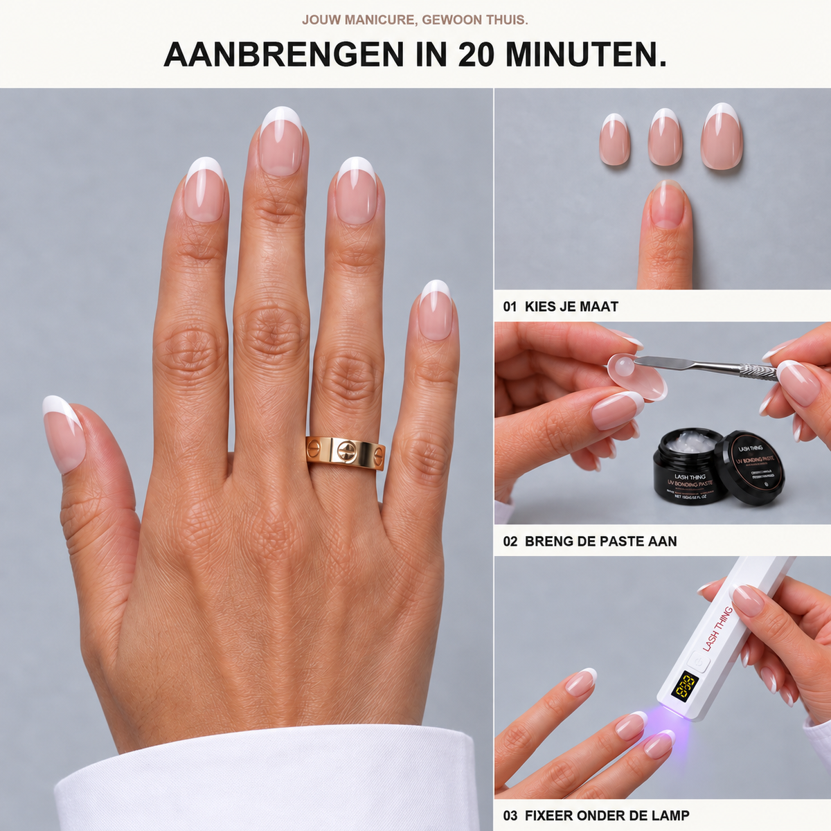 Coco French press-on nagels aanbrengen in 20 minuten: kies je maat, breng de UV Bonding Paste aan en fixeer onder de lamp