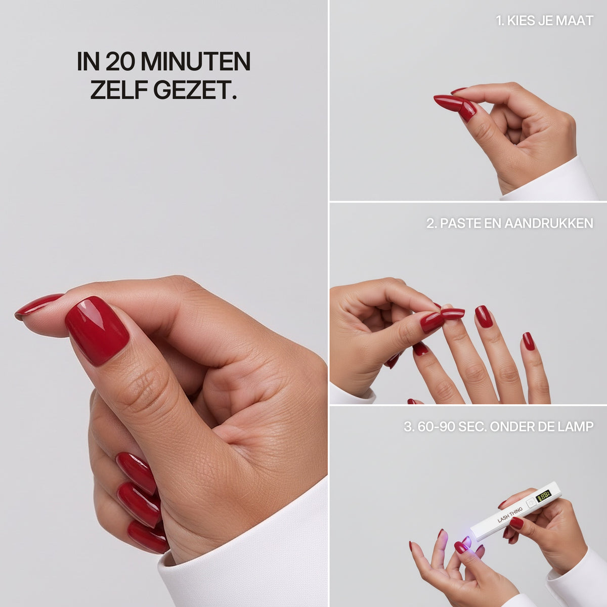 Lashthing press-on nagels - In 20 minuten zelf gezet: kies je maat, paste en aandrukken, 60-90 sec. onder de lamp