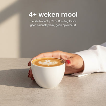 Press-on nagels blijven 4+ weken mooi met de NanoGrip UV Bonding Paste, zonder salonafspraak of opvulbeurt