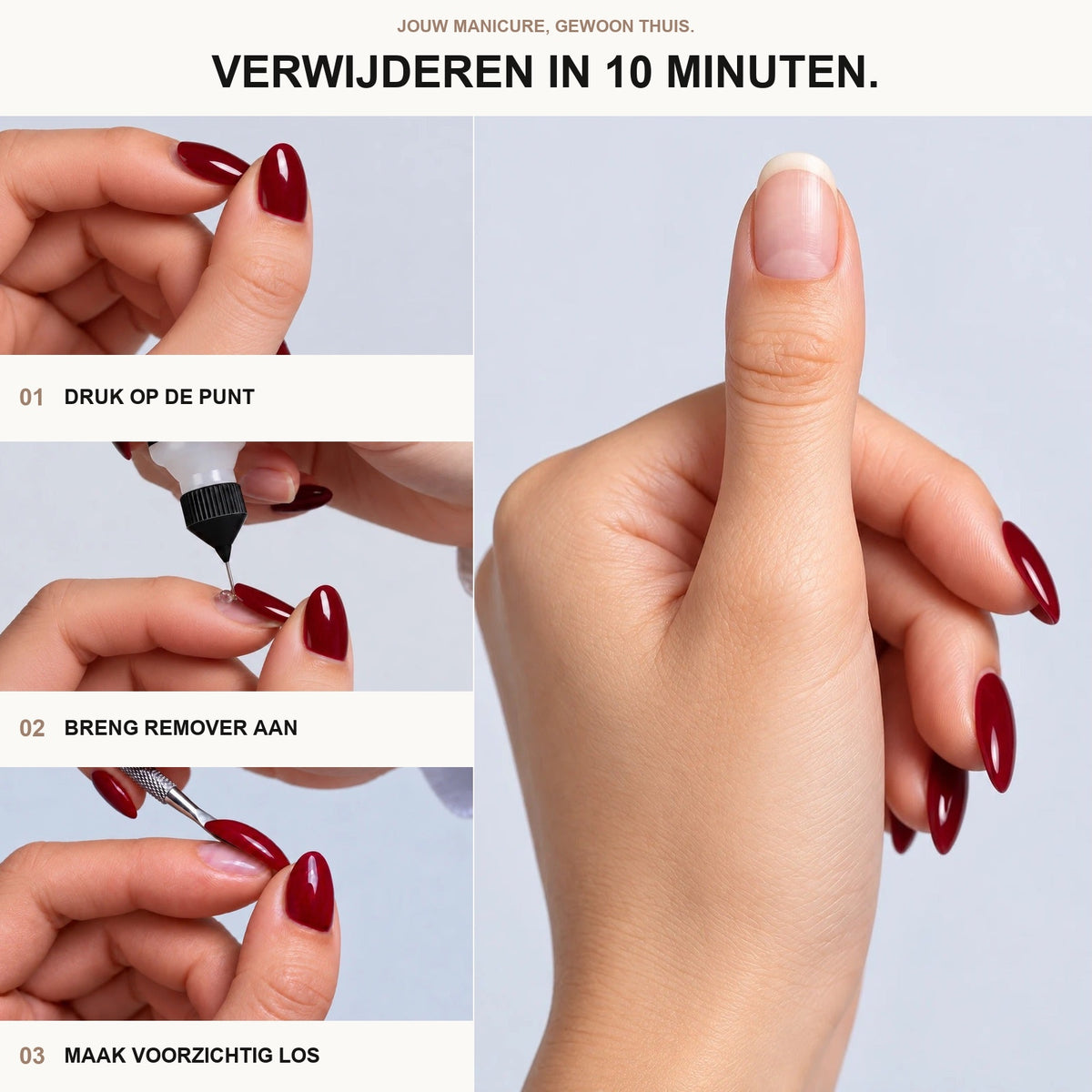 Press-on nagels verwijderen in 10 minuten: druk op de punt, breng remover aan bij de nagelriem en maak de nagel voorzichtig los met een spatel