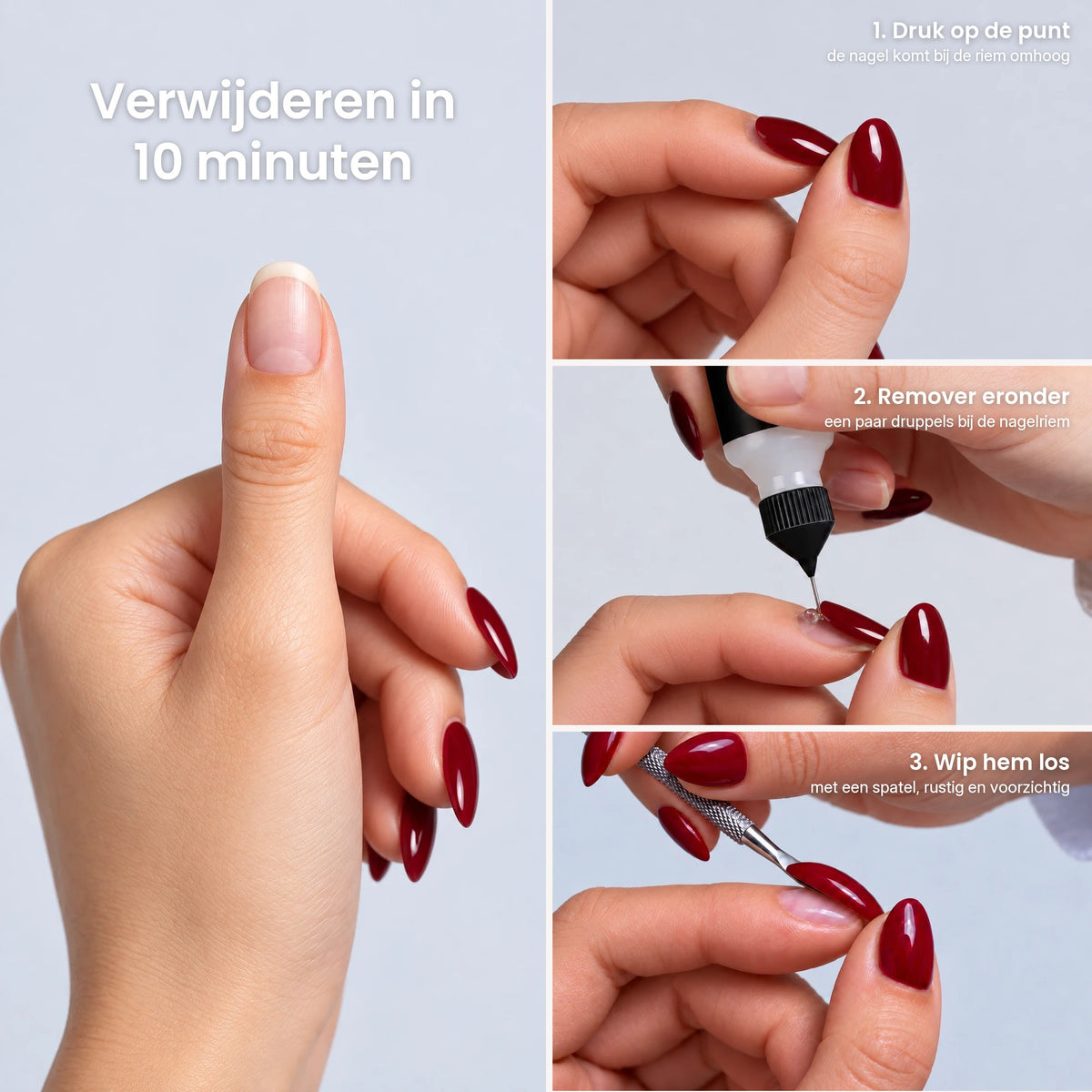 Press-on nagels verwijderen in 10 minuten met de Lashthing Nail Remover: druk op de punt, remover eronder, wip hem los